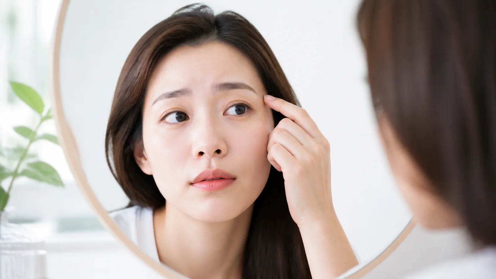 年輕女性在鏡前評估眉型與霧眉風險